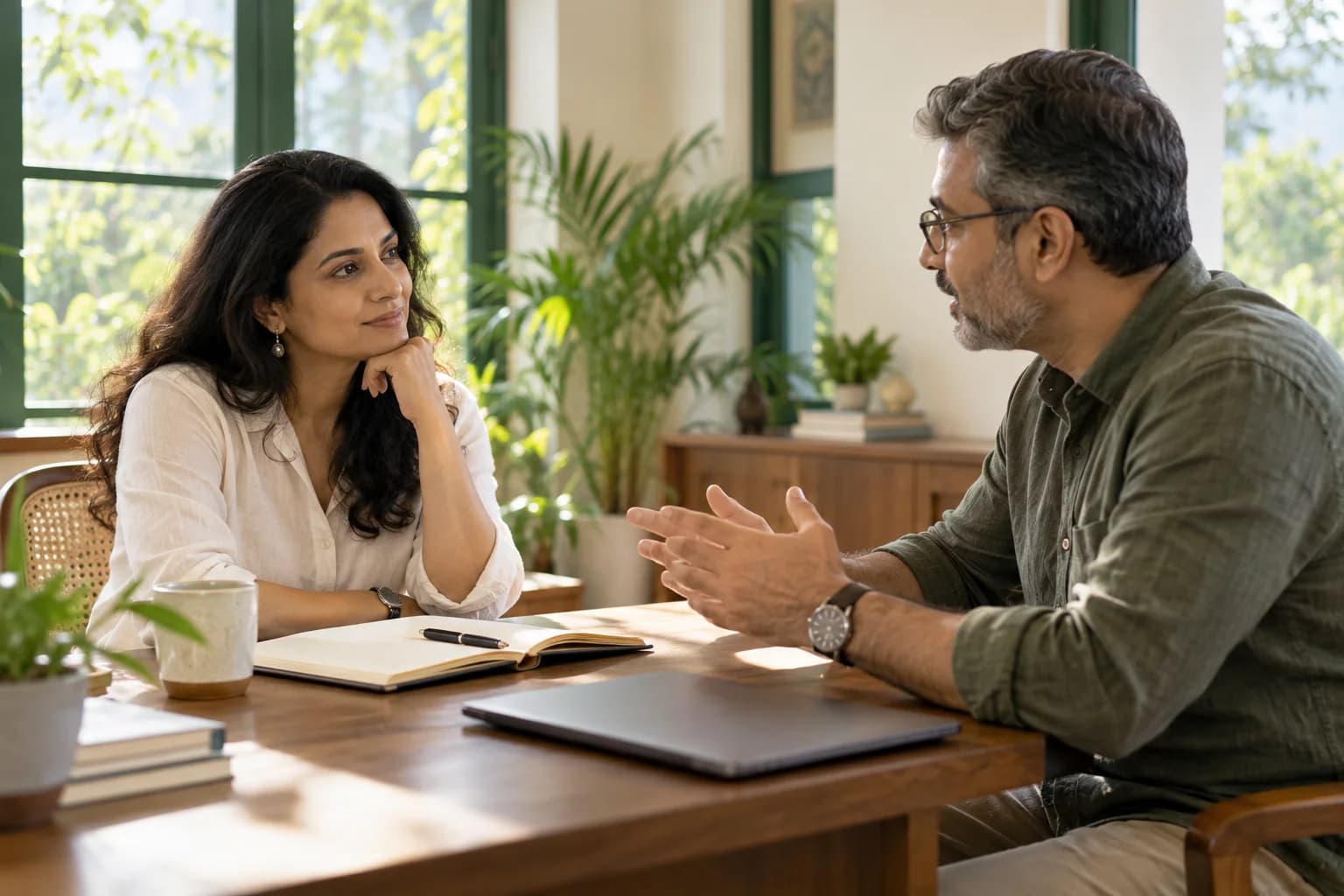 A business owner discussing leadership with a coach